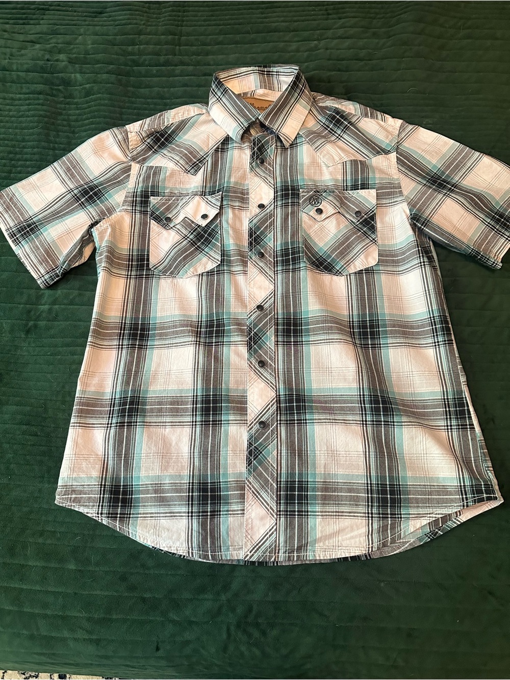 Wrangler Men's Short-Sleeve Plaid Button-Down Shirt - Teal / White / Black